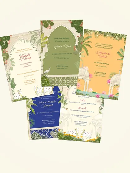 A full set of the Vadodara wedding invitations. Each card uses a different color palette, from olive green to royal blue, to signify the visual theme of each ceremony, all tied together with traditional Indian artwork.