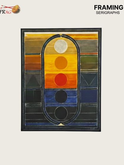A framed serigraph by S.H. Raza, featuring his signature 'Bindu' in a composition of vibrant, balanced colors.