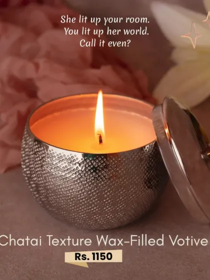 This Chatai texture wax-filled votive is a simple yet beautiful gift, perfect for Raksha Bandhan or as a small wedding favor. The nickel-finish jar can be reused long after the candle is gone.