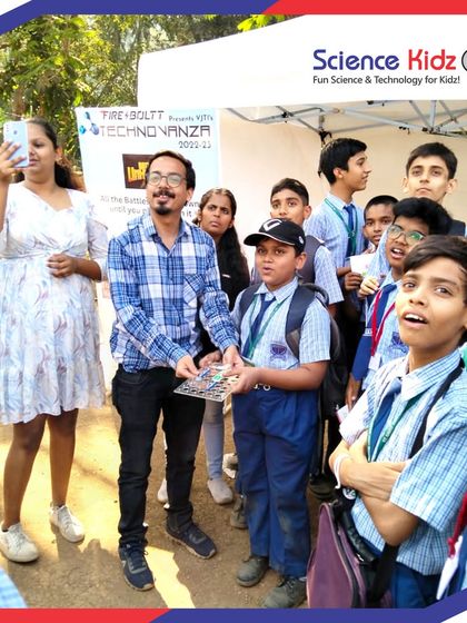 A great moment captured at VJTI's Technovanza, where our team engaged with enthusiastic school students. Events like these allow us to demonstrate our projects and explain the real-world importance of robotics and coding.
