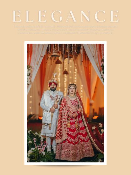 A full-length portrait titled 'Elegance,' capturing the couple's regal stance and the grandeur of their traditional Sikh wedding attire.