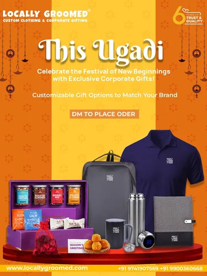 Celebrate Ugadi with our exclusive corporate gifts. This graphic showcases a complete festive hamper, including a branded polo shirt, backpack, drinkware, stationery, and a box of traditional sweets and snacks.