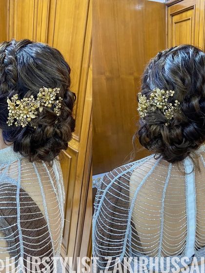 A dual-angle view of the braided updo with jeweled clips, showcasing its intricate details.