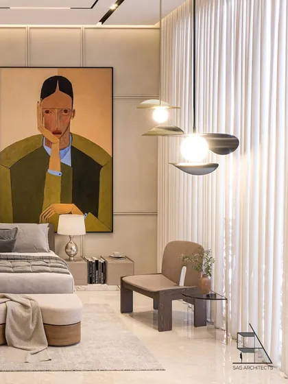 A full view of the minimalist bedroom, showing the large artwork, modern furniture, and the soft glow from the floor-to-ceiling windows.