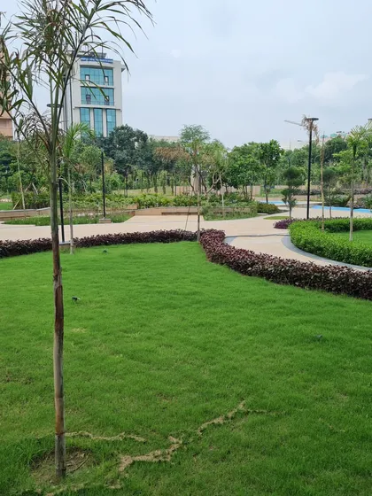 Another view of the park landscape, showing the gentle curves of the lawn edging and pathways. The design balances open green space with structured walkways and planting beds, creating a harmonious and inviting environment.