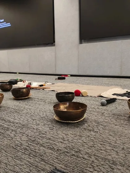 These are the Tibetan singing bowls I use in my sound healing sessions. Each bowl has a unique frequency that helps balance the body's energy, reduce anxiety, and promote a profound sense of peace in the workplace.