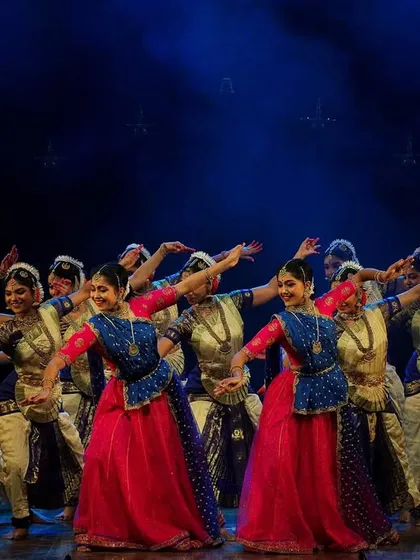 Our Natyanjali ensemble in a dynamic Bharathanatyam formation. We train dancers in creating powerful and synchronized group choreographies that captivate the audience.