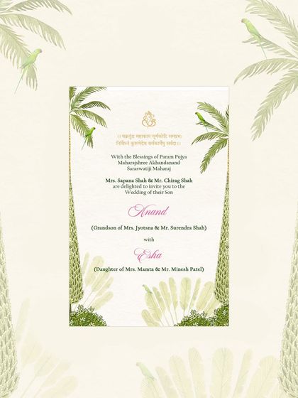 The main wedding invitation card, featuring delicate parrot illustrations and palm trees alongside traditional Gujarati script. This blend of natural beauty and cultural heritage is a hallmark of my work.