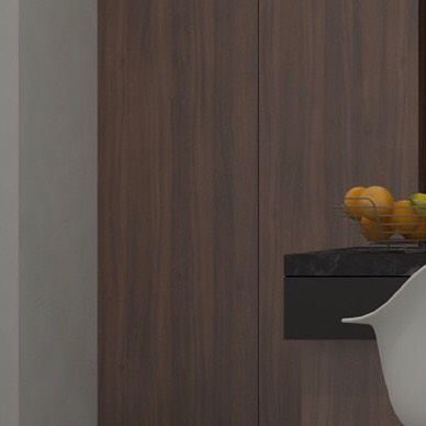 This crop focuses on the clean lines and rich texture of the dark wood veneer cabinets.