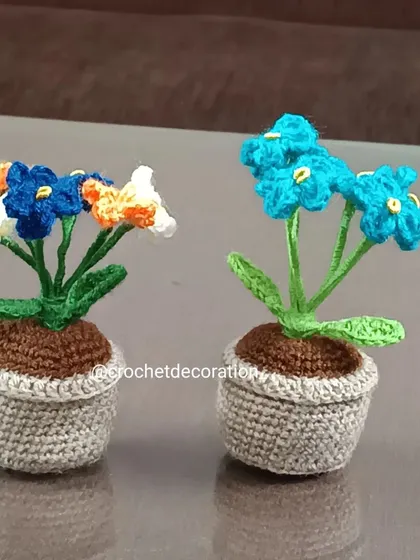 Two pots of complementary flowers. One features a mix of blue, orange, and white, while the other has delicate light blue flowers.