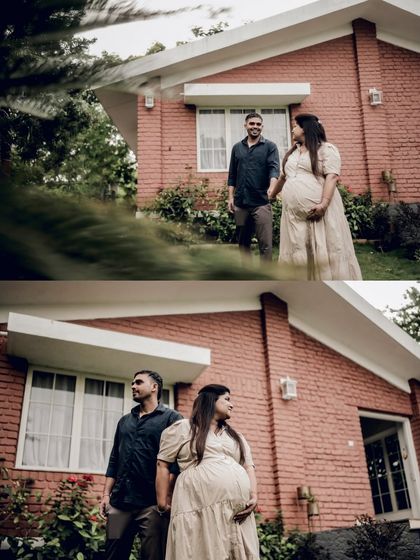 A collage showing the couple in front of their charming brick house, capturing the feeling of building a home and a family together.