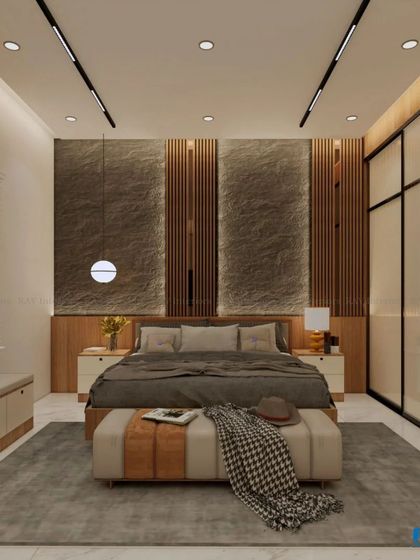 A full view of the earthy-toned bedroom, showing the window seat and the balance of textures.