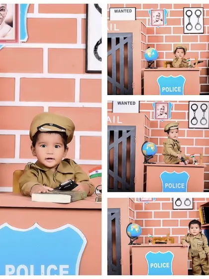 A collage of a little police officer theme, showing the baby in uniform at a makeshift police station.