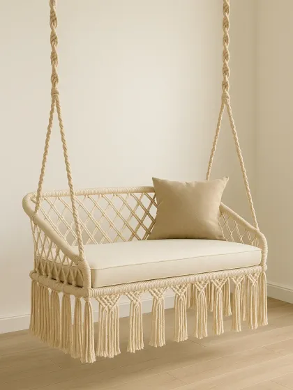 For a clean and modern look, we created this macrame sofa swing. It has a simple bench design with a comfortable cushion, perfect for adding a touch of boho style to your living room without overwhelming the space.