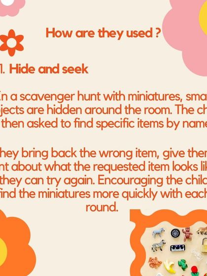 An infographic describing a "hide and seek" game with miniatures. This scavenger hunt helps children learn vocabulary and object recognition in a playful way.