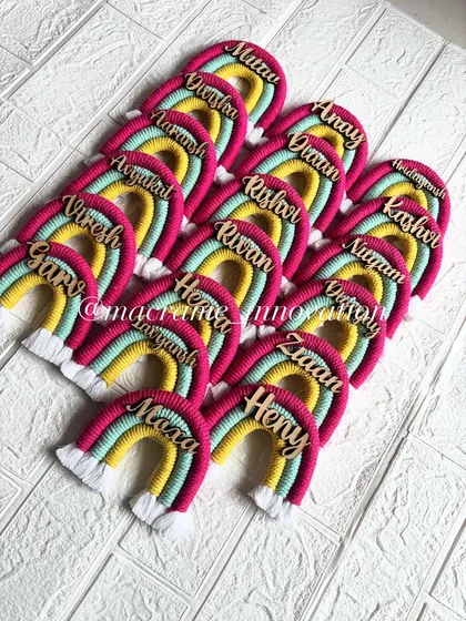 Planning a party? My personalized macrame rainbow magnets are a huge hit as return gifts. Each one is handmade with care, making them a unique and memorable thank you for your guests at birthdays or baby showers.