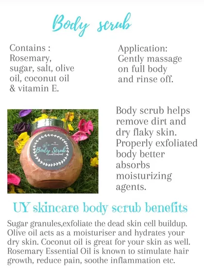 All the details about my Body Scrub. It contains rosemary, sugar, salt, and natural oils to exfoliate and hydrate your body.