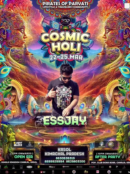 Taking the party to the mountains for the Cosmic Holi festival in Kasol. Organizing multi-day open-air events in stunning locations like the Parvati Valley is one of my specialties, blending psychedelic music with the beauty of nature.