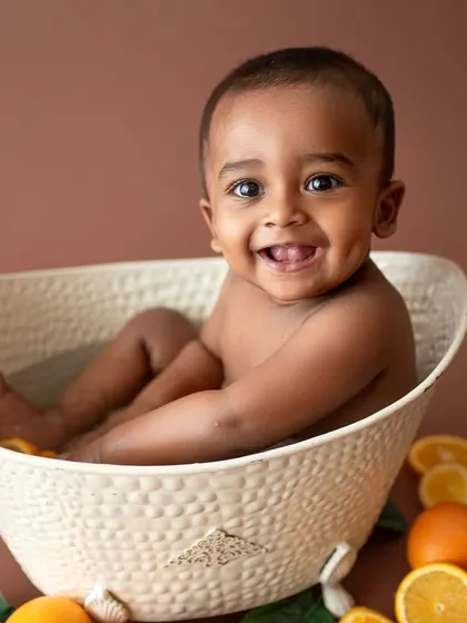 Smiles are guaranteed during my orange bath sessions! These are so much fun and perfect for capturing the playful personality of a sitter-age bub. It's a wonderfully messy and happy way to end a shoot.