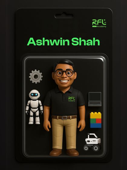 Our CEO and mentor, Ashwin Shah, is featured as an RFL Hero action figure, symbolizing his role in building the next generation of innovators.