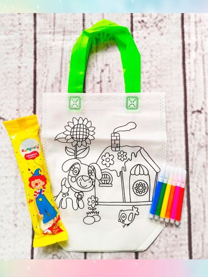 A single DIY coloring bag with a set of markers. The simple line art allows kids to get creative and design their own unique bag.