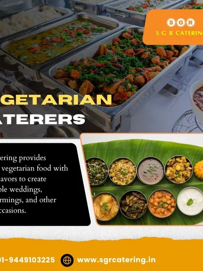 We provide delicious vegetarian food with vibrant flavors to create memorable weddings and housewarmings. This collage contrasts a buffet setup with a traditional banana leaf meal.
