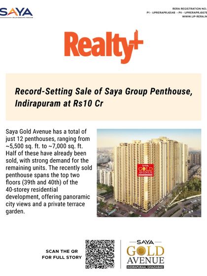 Realty+ featured the record-setting sale of our Saya Gold Avenue penthouse at ₹10 crore. The article noted the strong demand for the remaining exclusive penthouse units in the 40-storey development.