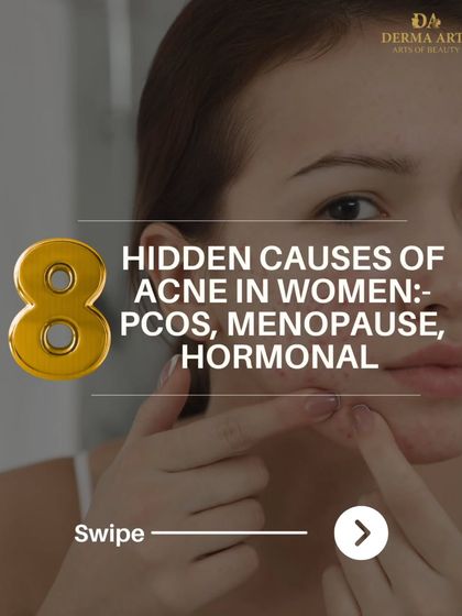 An introductory graphic for a carousel on 8 hidden causes of acne in women, including PCOS, menopause, and hormonal changes.