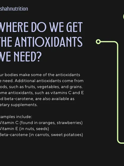 Where do we get the antioxidants we need? Our bodies make some, but we need to get others from foods like fruits, vegetables, and grains. Vitamins C and E are common examples.