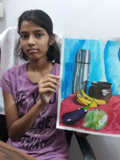 Saee from 7th standard painted this still life on the spot using watercolors. This exercise helps students learn to observe quickly and capture light and color effectively.