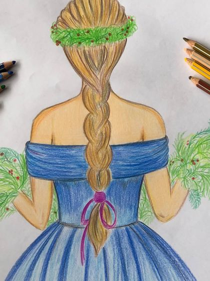 In our character sketching lessons, we also learn about drawing figures and textures. This piece, made with colored pencils, focuses on creating the look of braided hair and the soft folds of a dress.