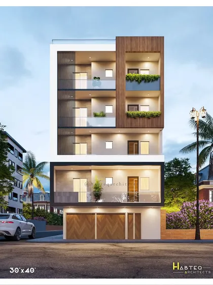 Proposed front elevation for a 30x40 foot residential plot in West Delhi. The design features a prominent wood-clad section and glass railings, creating a modern and open feel for the multi-story building.
