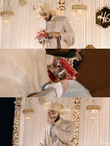 A collage of the groom, Shivam, getting emotional as he reads a letter from his bride just before the ceremony.