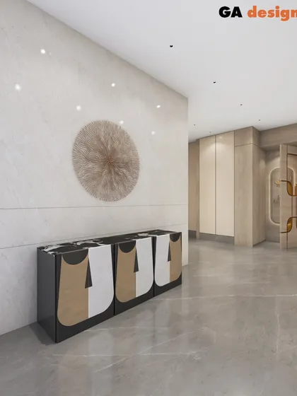 A 3D render of the entrance foyer with our custom-designed console, showing how the piece commands attention and sets a modern, artistic tone for the home.