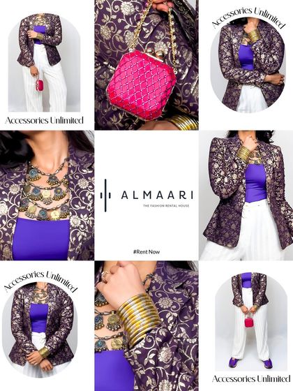 Accessories are unlimited when you rent. This mood board shows how you can layer different pieces, like a tiered necklace and a stack of bangles, with a brocade jacket to create a rich, personalized look.