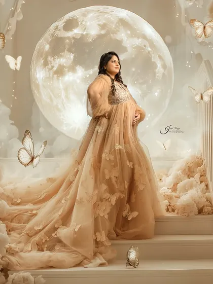 A truly magical maternity portrait, where the mom-to-be stands on a stairway to the moon. This fantasy edit shows how we can create a fairytale scene to celebrate your journey.