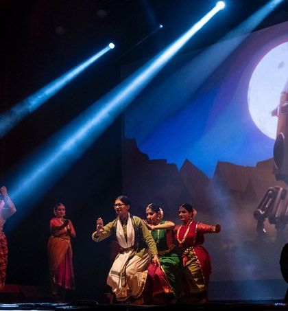 The dramatic lighting and stage design for 'Antariksha Sanchar'. This production used large-scale projections and a live electronic score to create the feeling of space travel and cosmic exploration.