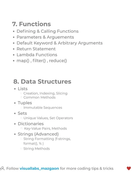 Part three of the Python Cheatsheet, explaining functions, parameters, lambda functions, and essential data structures like lists, tuples, sets, and dictionaries.