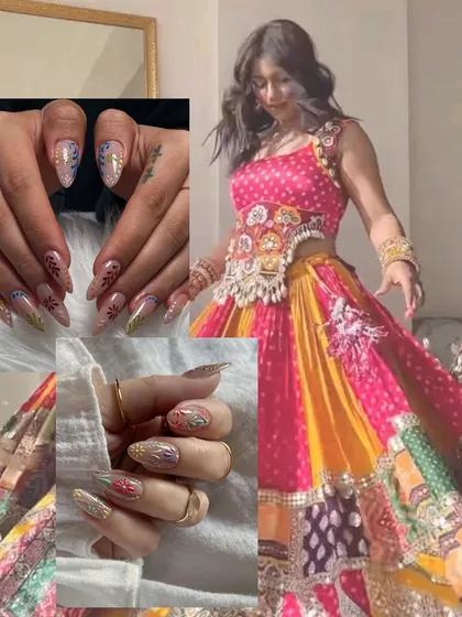 We love creating nail art that complements your festive outfits. This look was designed for Navratri, matching the vibrant colors and energy of the lehenga with intricate, glittery nail designs that are perfect for dancing the night away.