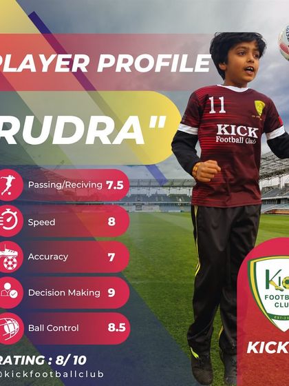 Rudra's player profile showcases his strengths in speed, ball control, and decision making. We identify and nurture each player's unique talents.