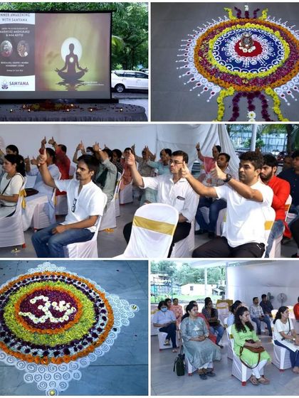 A collage from our Nashik event, showing the beautiful rangoli decorations and participants actively engaged in the Inner Awakening program.