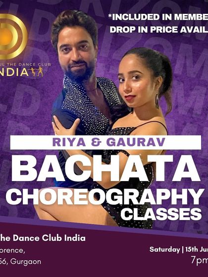 This poster announces a special Bollywood Bachata choreography session. These classes are free for our members and offer a chance to learn a fun routine.