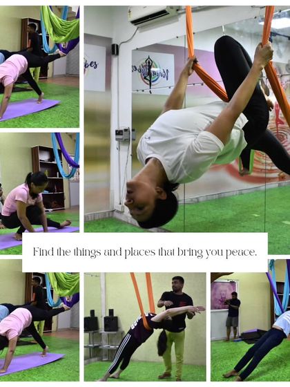 Find the things and places that bring you peace. This collage illustrates how our classes blend challenging poses with moments of quiet, guided by instructors who help you find your balance.