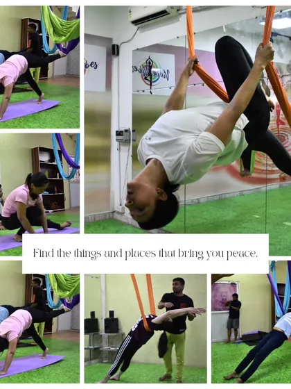 Find the things and places that bring you peace. This collage illustrates how our classes blend challenging poses with moments of quiet, guided by instructors who help you find your balance.
