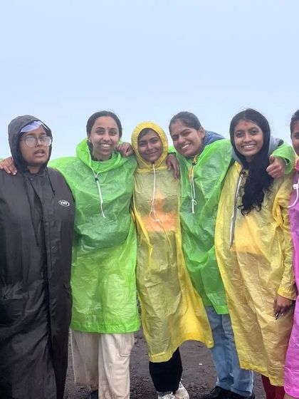 Another happy group in their raincoats, proving that monsoon is the best time to explore the Western Ghats.