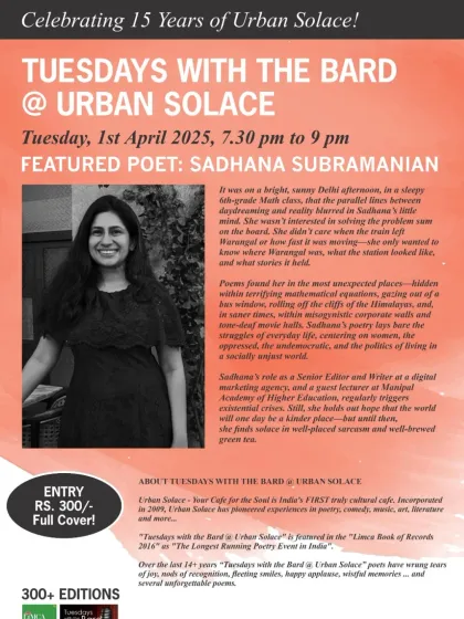 More about our featured poet Sadhana Subramanian, a Senior Editor and writer whose poetry lays bare the struggles and triumphs of everyday life.