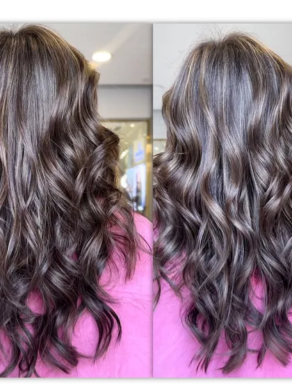A beautiful brunette hair color transformation, showcasing a before and after in a single split image.