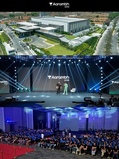 A showcase of my work for the Unacademy Aarambh 2024 corporate summit at JW Marriott Prestige Golfshire. The collage features a sweeping daytime aerial view of the resort venue alongside shots of the professionally lit indoor stage and engaged audience.