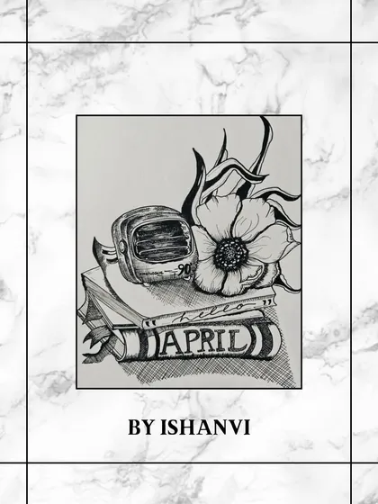 An amazing pen and ink still life by Ishanvi. Her use of cross-hatching to create shadow and texture on the books and flower is very impressive.