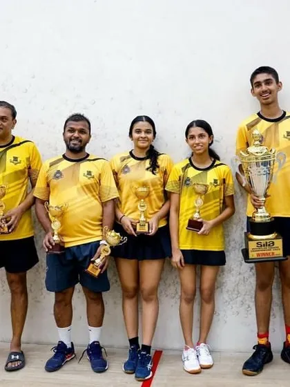 The victorious Bombay Gymkhana team poses with their trophies after winning the SILA Inter-Club Squash Championship.